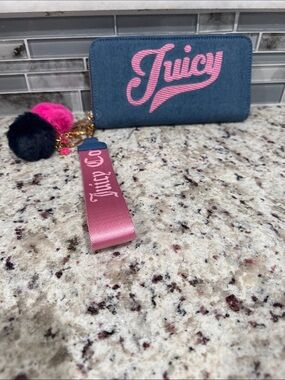 Juicy Couture Navy Denim Card Wallet with Pink Logo & Pom wristlet strap